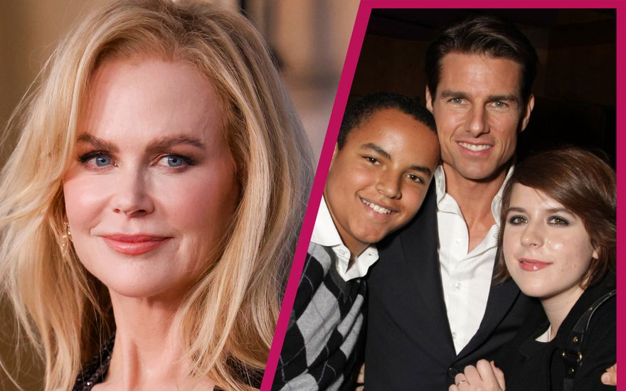 Nicole Kidman lächelt leicht, Tom Cruise mit seinen Adoptivkindern