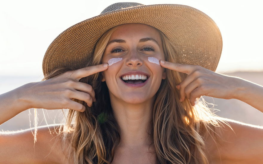 Frau mit Hut trägt Sonnencreme auf