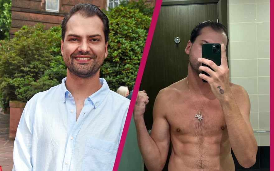 Jimi Blue Ochsenknecht lächelt in Hemd, daneben Jimi oberkörperfrei mit Sixpack