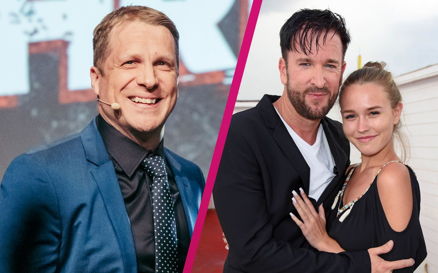 Oliver Pocher lacht, Michael Wendler und Laura Müller Arm in Arm