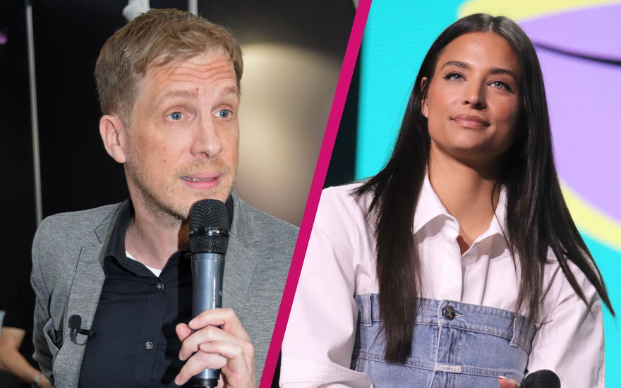 Oliver Pocher guckt mit Mikrofon in der Hand sauer, Amira Aly guckt ernst