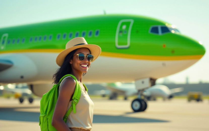 Eine junge Frau steht vor einem Flugzeug