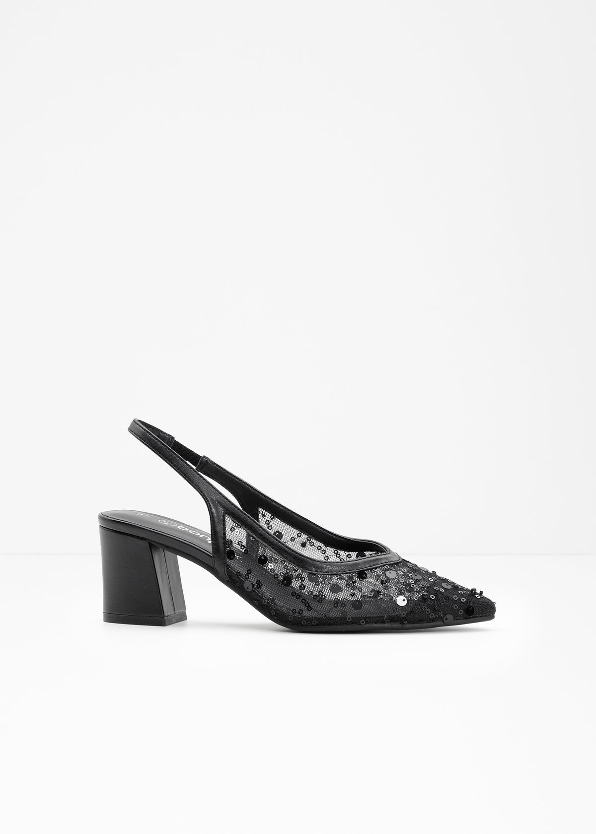 Zum Verlieben: Slingpumps mit Pailletten und bestickter Spitze.