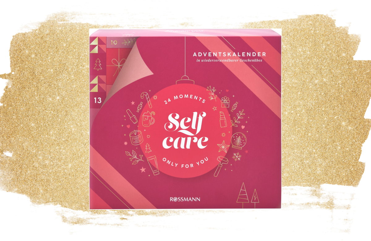 Adventskalender selfcare Rossmann auf Gold-Glitzer