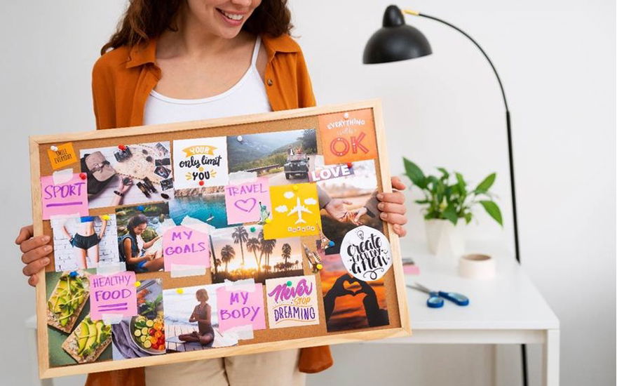 Eine Frau hält ein Visionboard in der Hand