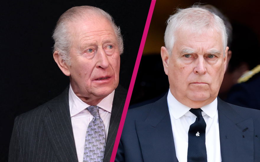 König Charles III. guckt ernst und traurig, Andrew Mountbatten-Windsor guckt ernst