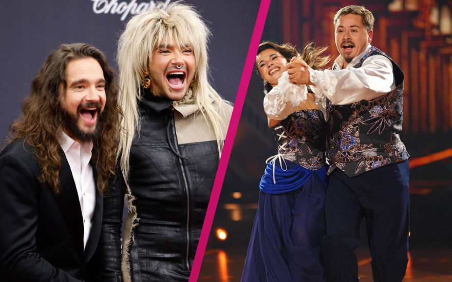 Tom Kaulitz und Bill Kaulitz lachen, Anastasia Maruster und Gustav Schäfer bei Let's Dance