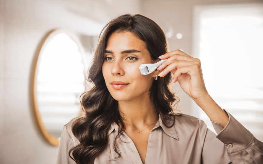 Frau zu Hause beim Microneedling
