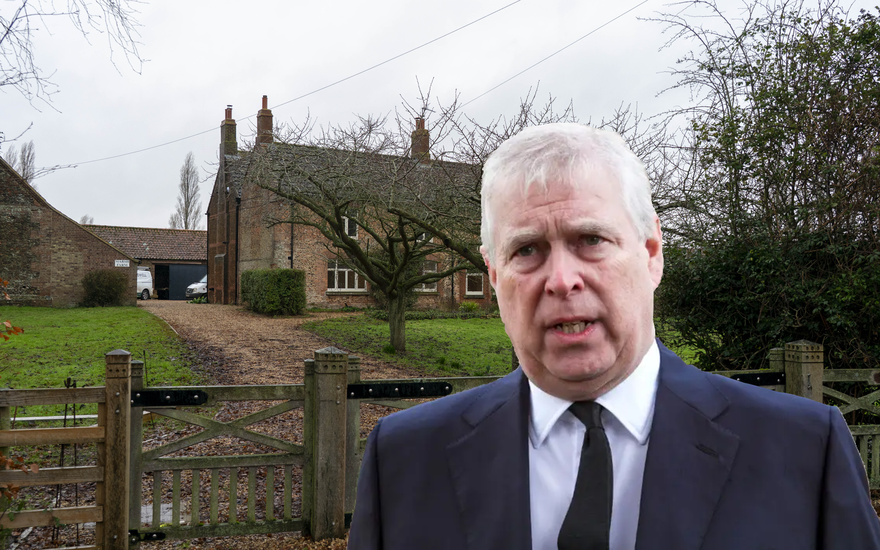 Foto-Kollage von Andrew Mountbatten Windsor vor der Mash Farm
