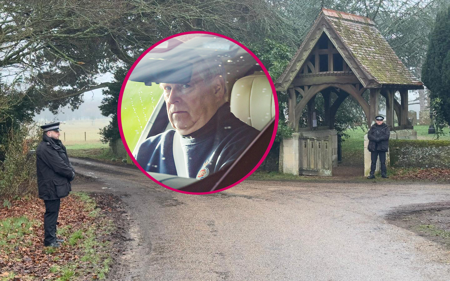 Fotomontage von Andrew Mountbatten Windsor und Polizeischutz vor Sandringham