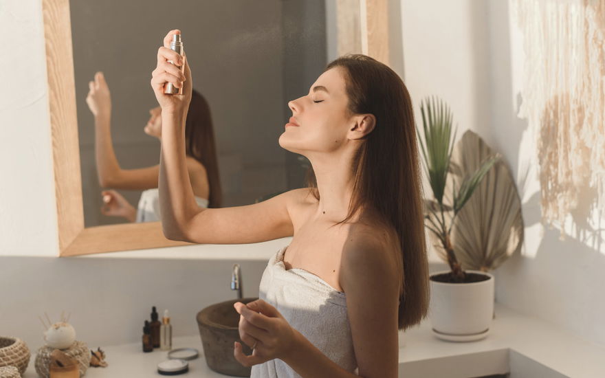 Frau sprüht Spray aufs Gesicht im Bad