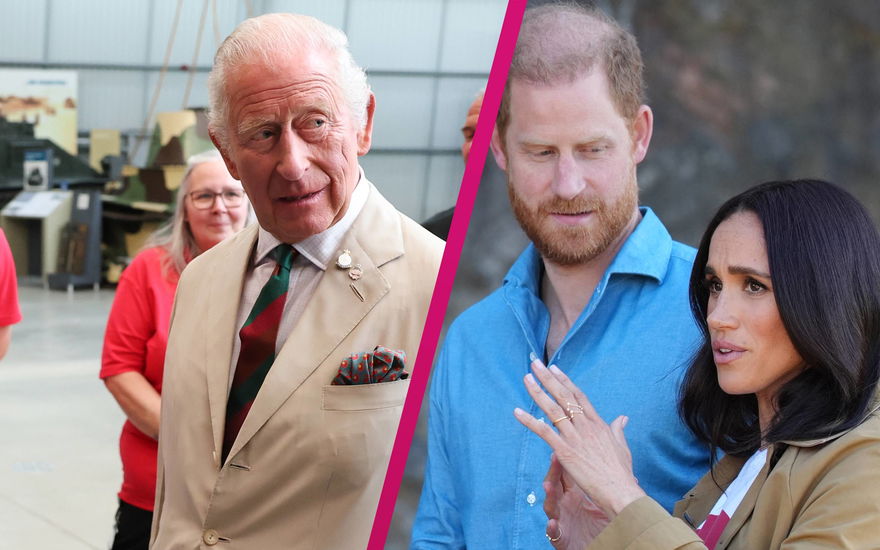 Collage von König Charles, Prinz Harry und Herzogin Meghan