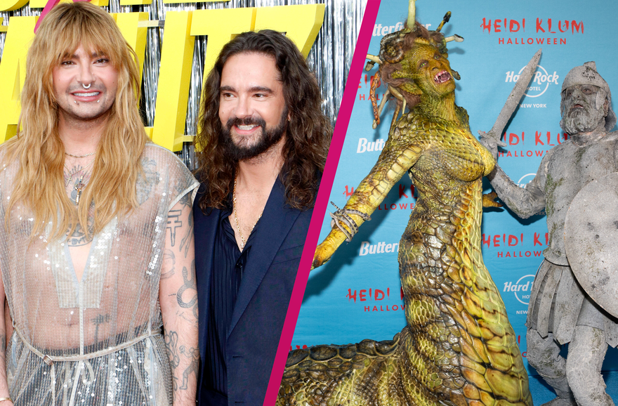 Bill und Tom Kaulitz lachen; Heidi Klum und Tom Kaulitz in Kostümen an Halloween 2025