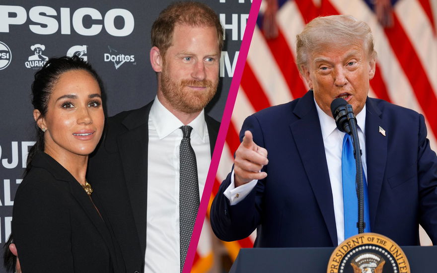 Collage von Prinz Harry, Meghan und Donald Trump