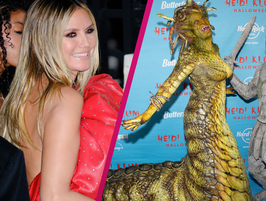 Heidi Klum lächelt und Heidi Klum als Medusa verkleidet an Halloween 2025