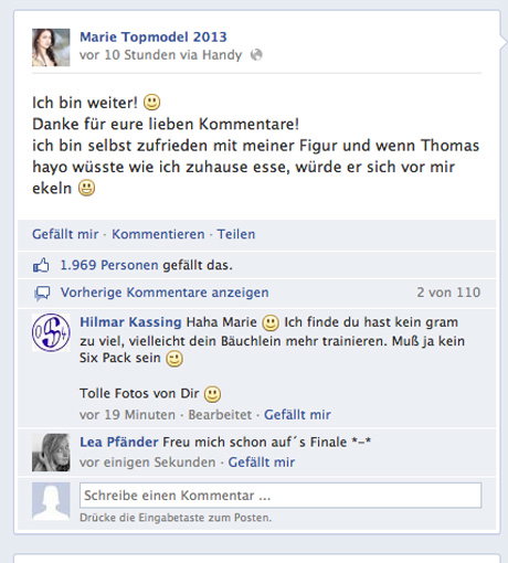 Marie kommentiert Hayos Kritik bei Facebook