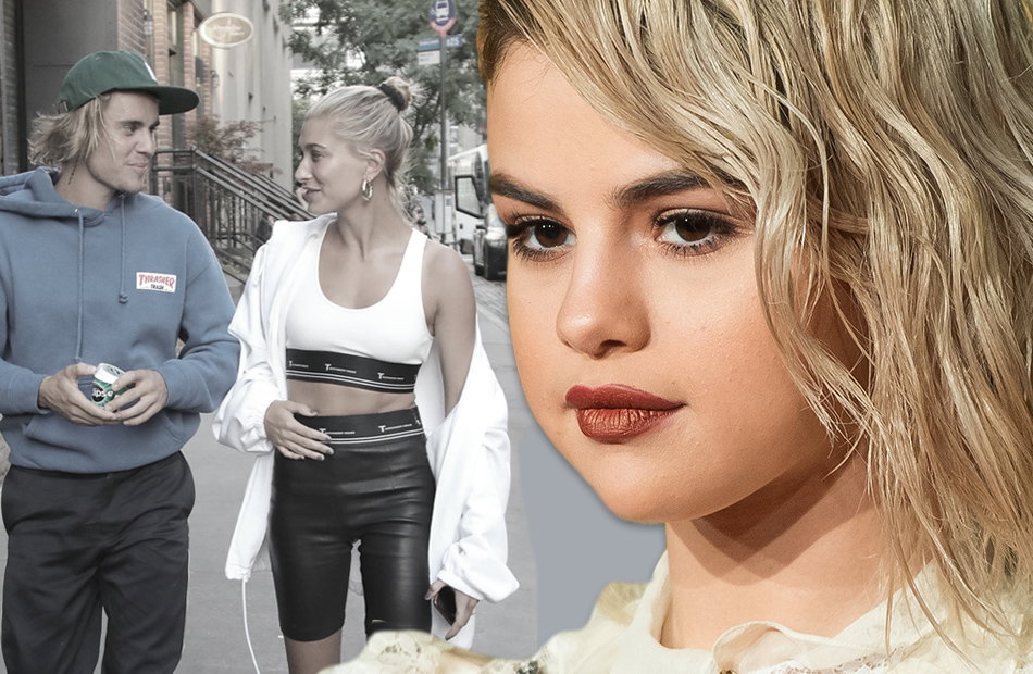 Hailey und Justin Bieber im Hintergrund, Selena Gomez ernst