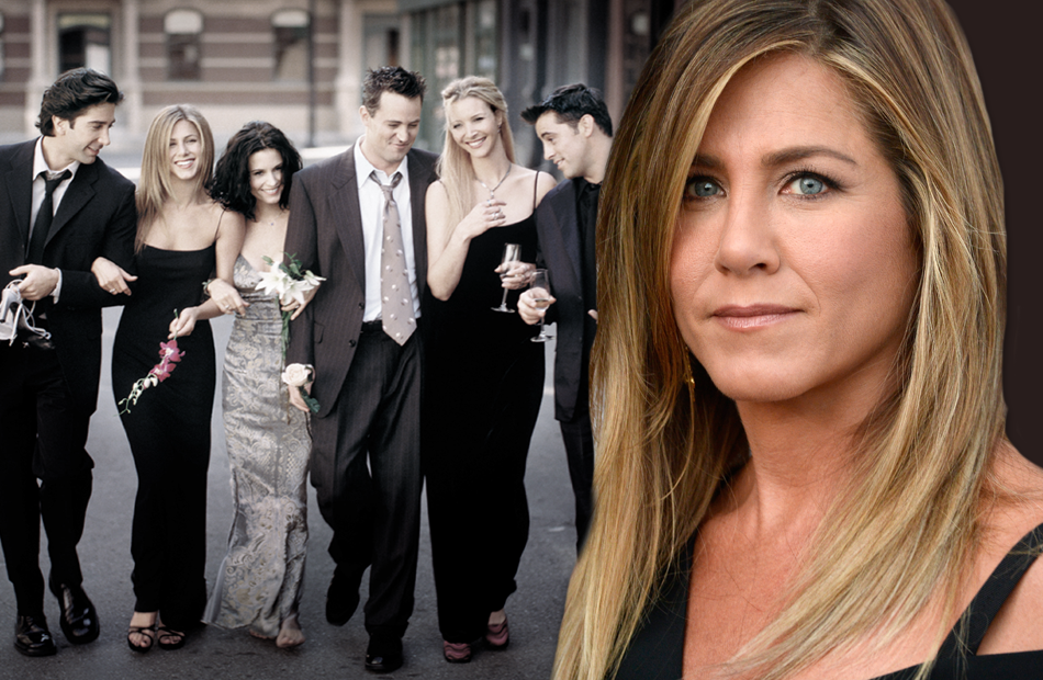 Friends-Stars im Hintergrund, Jennifer Aniston ernst