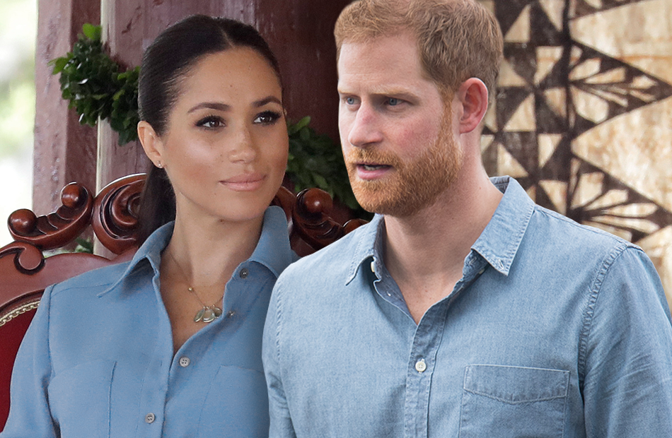 Collage von Prinz Harry und Meghan Markle, beide schauen ernst