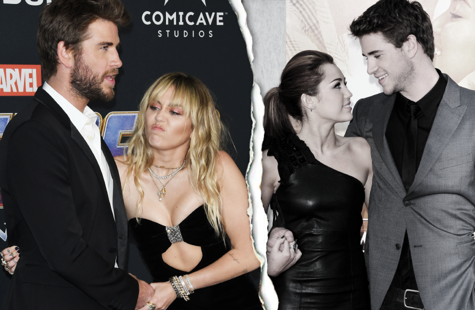 Links Miley und Liam als Paar. Rechts sind sie durch einen Riss getrennt.