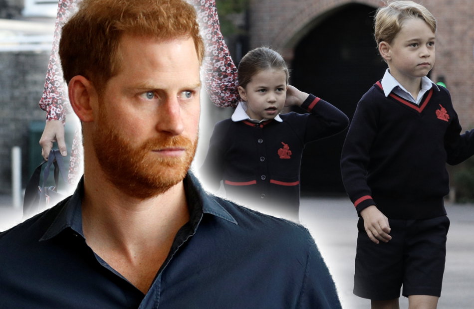 Prinzessin Kate und Prinz Harry schauen ernst - im Hintergrund George, Charlotte und Louis