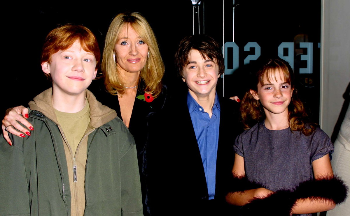 J.K. Rowling mit Rupert Grint, Daniel Radcliffe und Emma Watson