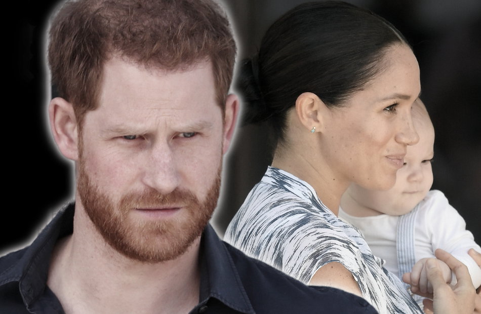 Collage von Harry der streng guckt und Meghan die Archie im Arm hält