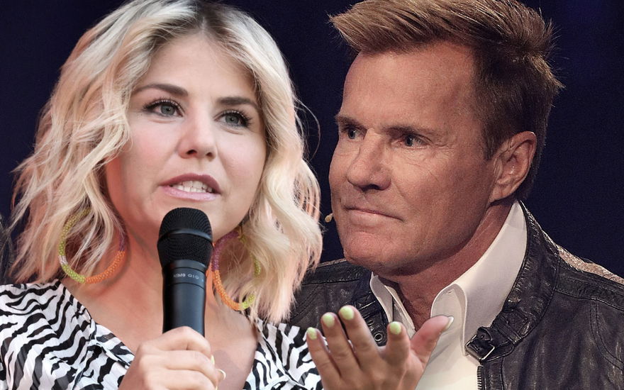 Beatrice Egli guckt mit Mikrofon in der Hand ernst, Dieter Bohlen guckt skeptisch zur Seite