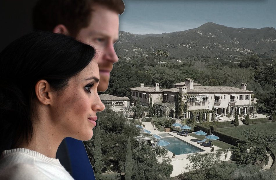 Montage: Prinz Harry und Herzogin Meghan - im Hintergrund ihr Anwesen in Montecito