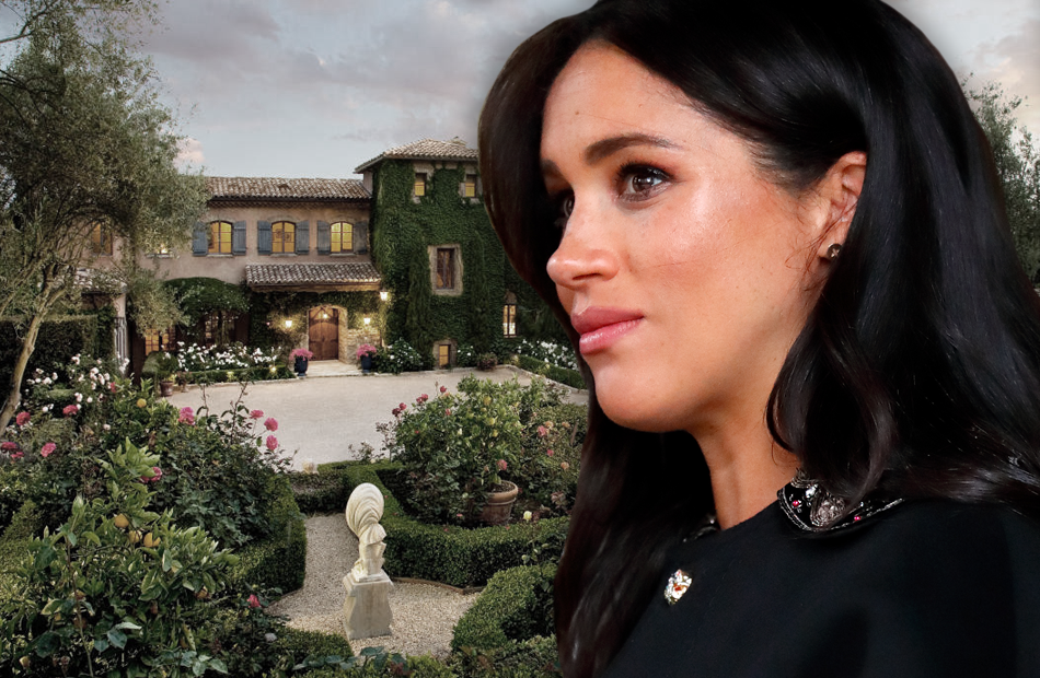 Herzogin Meghan sieht besorgt aus, im Hintergrund ein Foto ihres Anwesens in Montecito