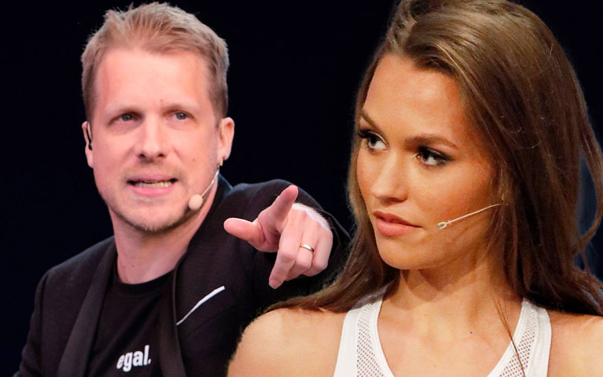 Collage von Oliver Pocher und Laura Müller, beide schauen leicht genervt