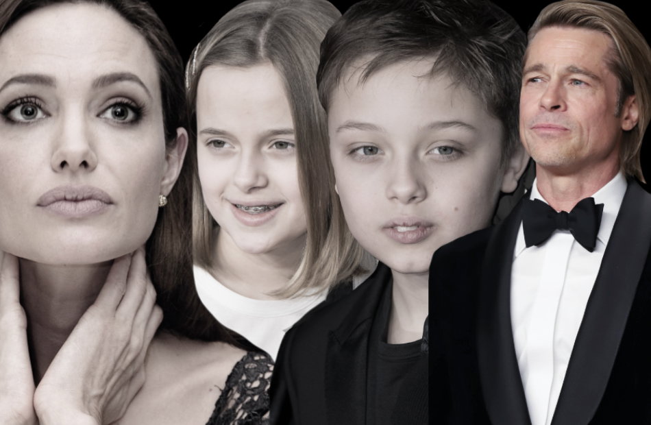 Montage: Angelina Jolie und Brad Pitt ernst - mittig die Zwillinge Vivienne und Knox Jolie-Pitt