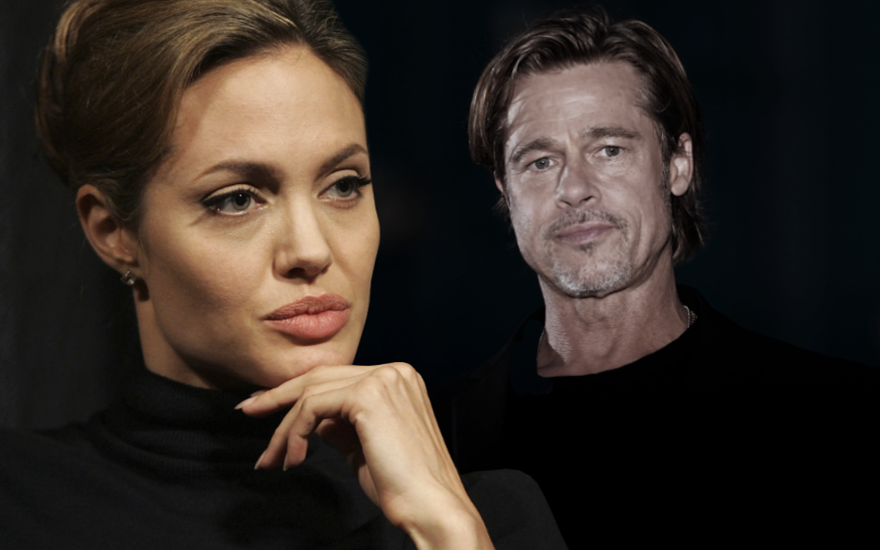 Collage aus Angelina Jolie und Brad Pitt mit ernsten Blicken