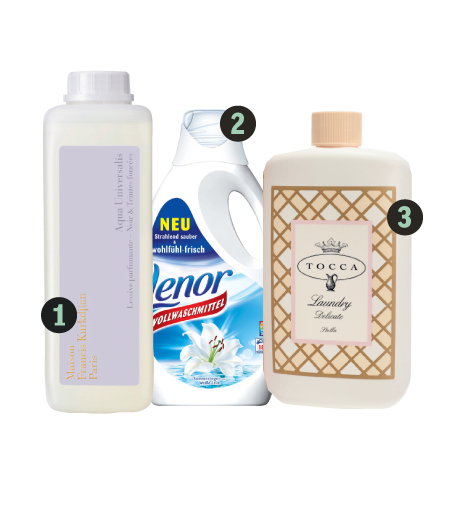1. Aqua Universalis Waschmittelkonzentrat 
für dunkle Wäsche" von Maison Francis 
Kurkdjian Paris, 1 Liter ca. 35 Euro
2. Vollwaschmittel Sommerregen und 
Weiße Lilie" von Lenor, 1 Liter ca. 5 Euro
3. Laundry Delicate Stella" von Tocca,