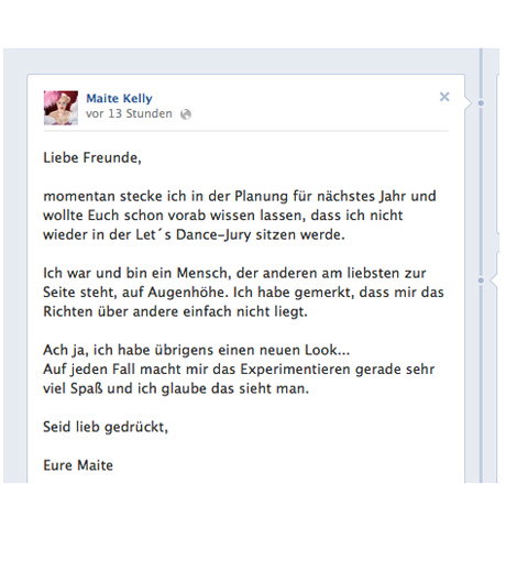 Maite gibt über Facebook bekannt, dass sie nicht weiter in der Jury von "Let's Dance" sitzen wird
