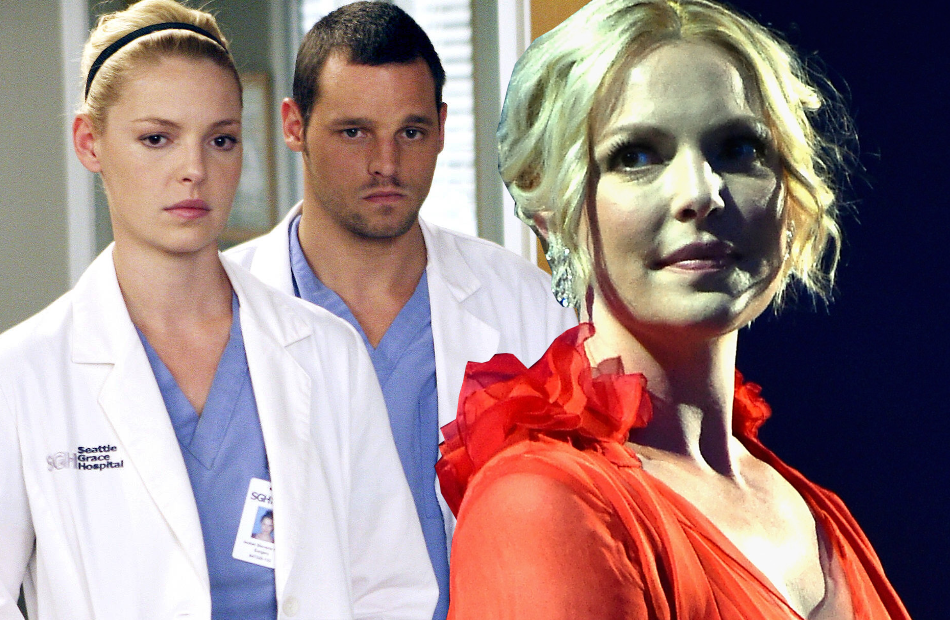 Katherine Heigl blickt zurück, im Hintergrund ist ein Ausschnitt aus "Grey's Anatomy" zu sehen