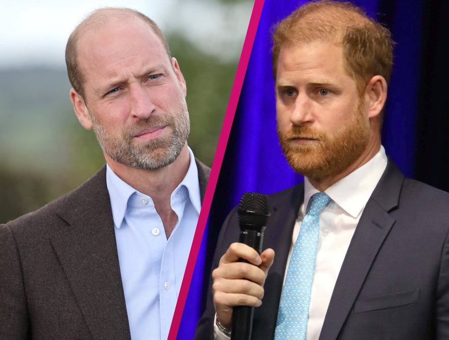 Prinz William guckt skeptisch, Prinz Harry schaut traurig mit Mikrofon in der Hand